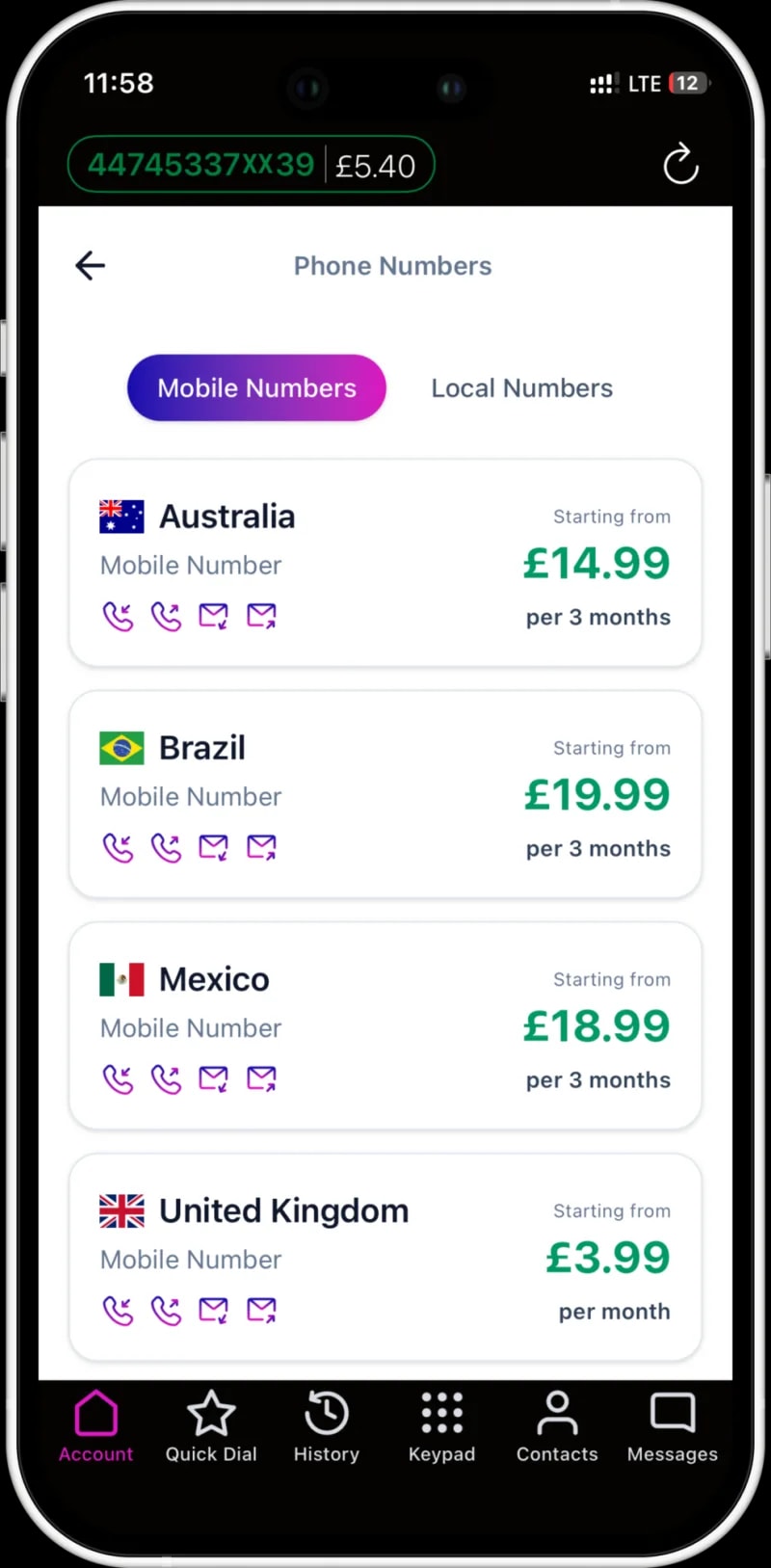 XLines app showing available phone numbers by country